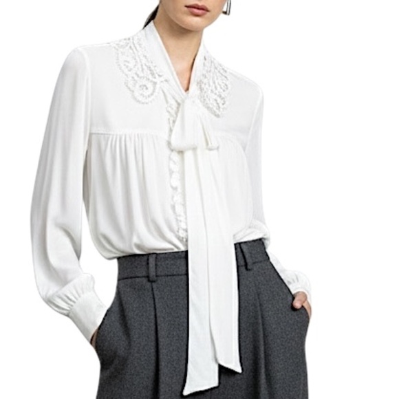 Axara Paris white tie neck kitty bow ruffle front lace collar blouse EU 38 - Picture 1 of 12